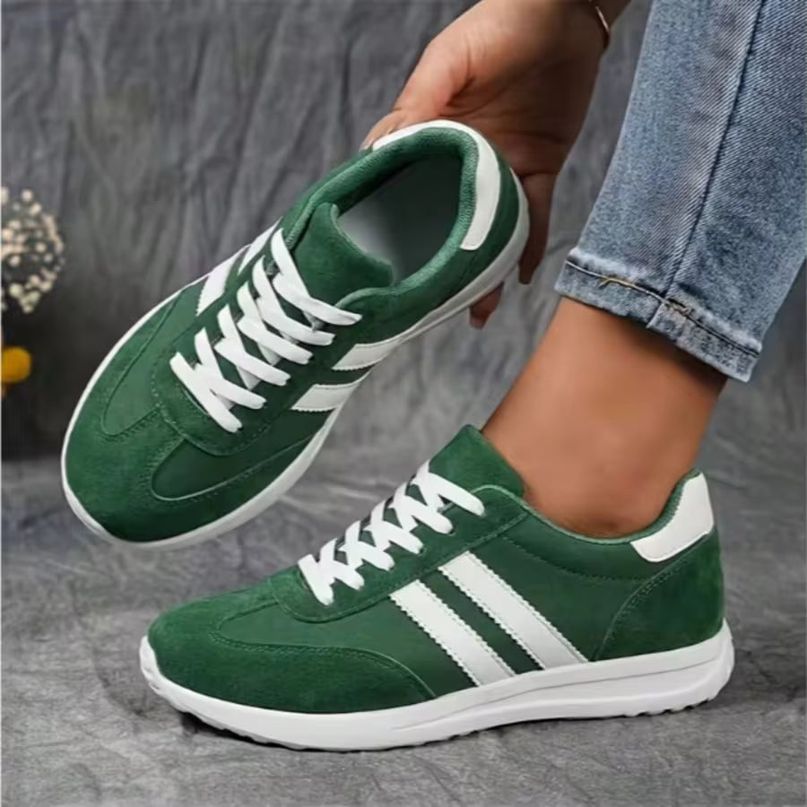 Women Low-Top Lace-Up Sneakers, White & Blue Striped Shoes With Cushioned Insole & EVA Sole, Lightweight Non-Slip Footwear For All-Day Wear