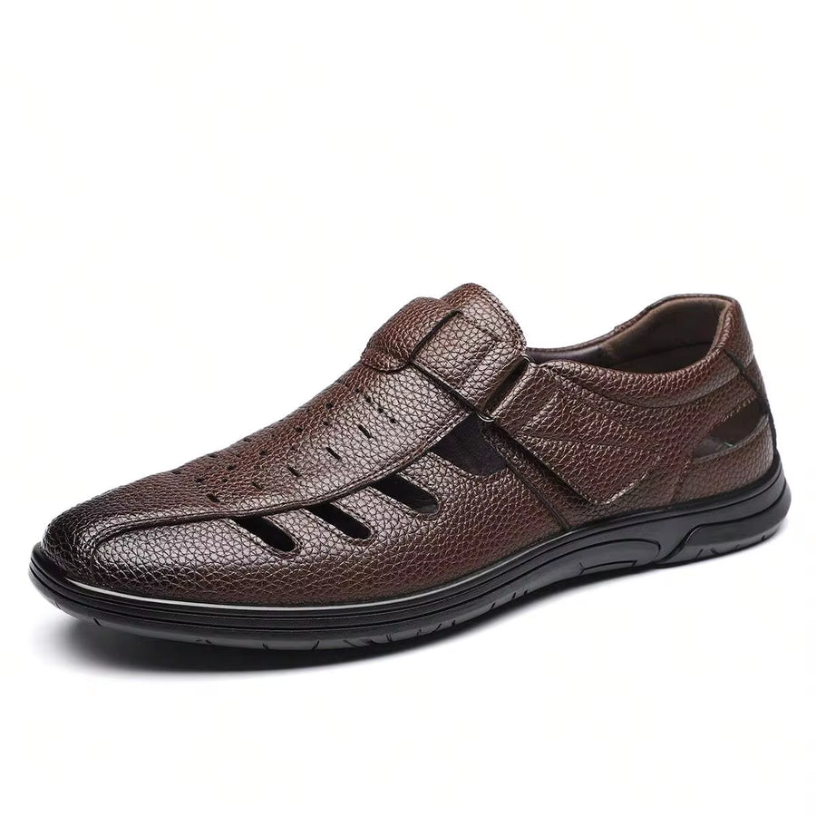 Men's Black Hollow Out Leather Loafers, Breathable Adjustable Strap Casual Sandals