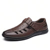 Men's Black Hollow Out Leather Loafers, Breathable Adjustable Strap Casual Sandals