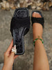 Women's New Summer Fashion Elegant Lace Fabric Square Toe Flat Sandals, Beach Embroidery Home Party Flat Slippers, Comfortable Breathable Lightweight Party Sandals Black